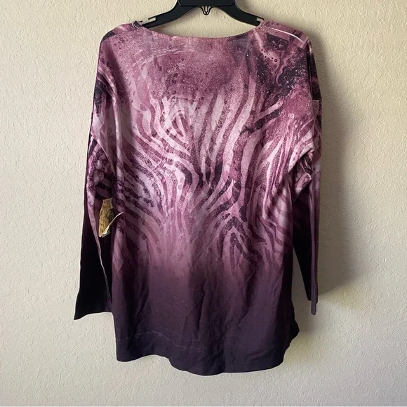 One World | Women's Boho Sparkle Patterned 3/4 Sleeve Top Size Large NWT Purple - Picture 8 of 8